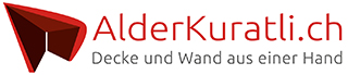Logo von AlderKuratli.ch mit abstraktem rotem 3D-Dachelement und Slogan Decke und Wand aus einer Hand