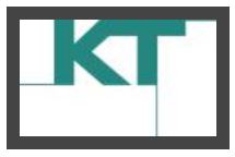 Logo mit türkisfarbenen Buchstaben K und T auf weißem Hintergrund mit grauem Rahmen