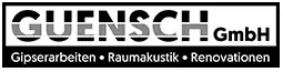 Logo der GUENSCH GmbH mit Schriftzug und Leistungen: Gipserarbeiten, Raumakustik, Renovationen