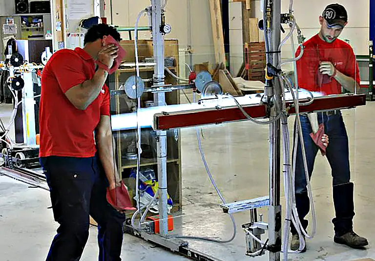 Zwei Arbeiter in roten Poloshirts bedienen eine Glasbearbeitungsmaschine in einer Werkstatt