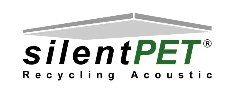Logo silentPET Recycling Acoustic mit stilisierter grauer Akustikdeckenplatte und Schriftzug in Schwarz-Grün