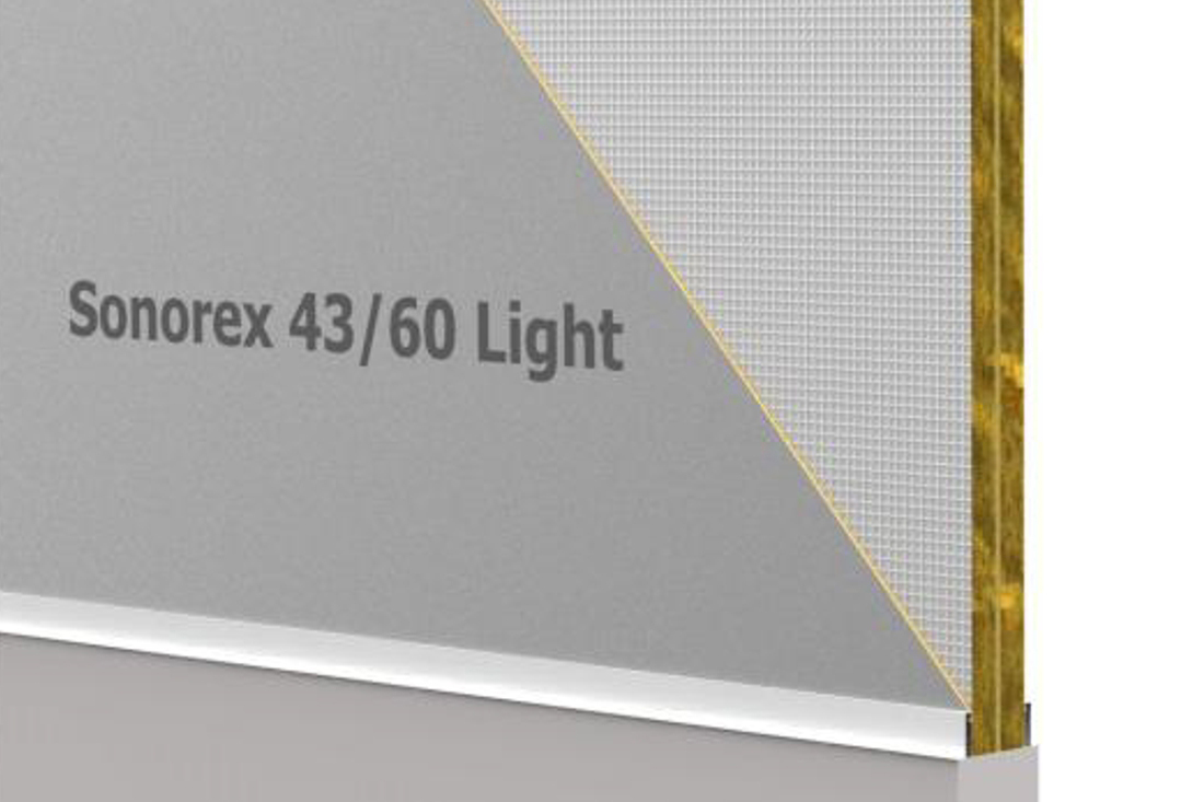 Sonorex 43/60 Light Sandwichpaneel mit grauer Oberfläche und sichtbarem Mineralwolle-Kern in Goldgelb