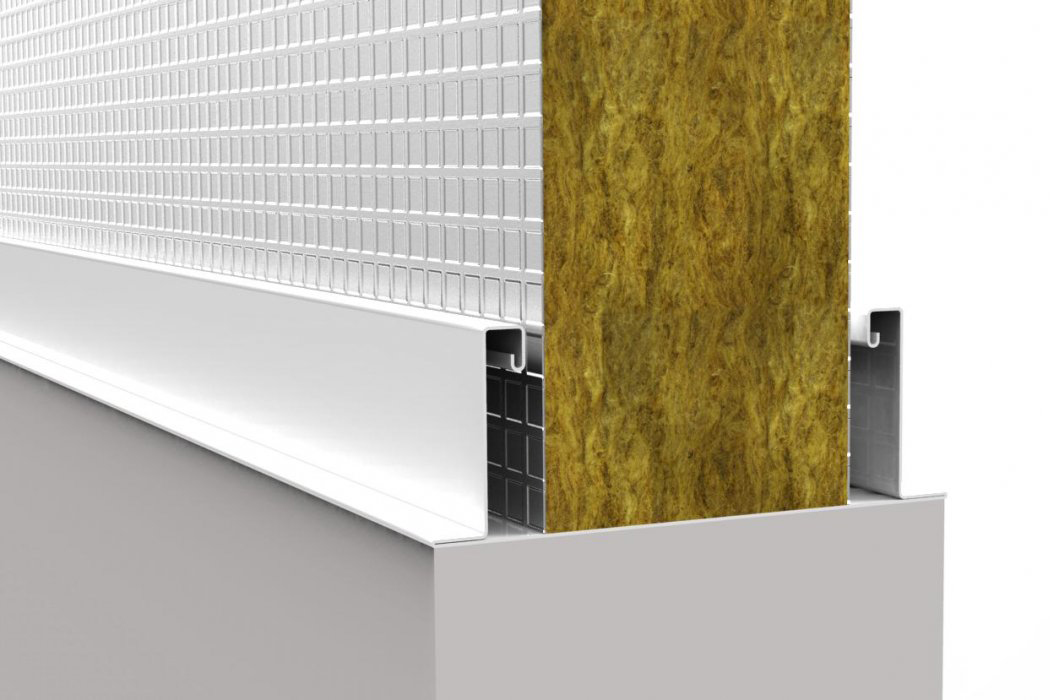Querschnitt einer Wandkonstruktion mit Metallpaneelen, Mineralwolle-Dämmung und Montageprofilen